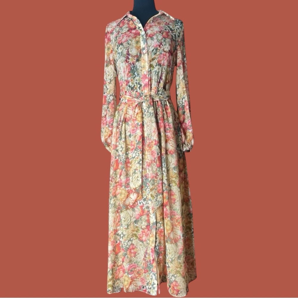 Mango Floral Maxi Dress Size 2 XS NWT Belted Long Sleeve Romantic Garden Party - Picture 4 of 10